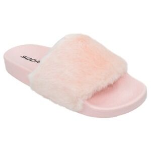 Women's Pink Fuzzy Slide Slippers Soft Faux Fur Cozy Slip on Sandals Size 9